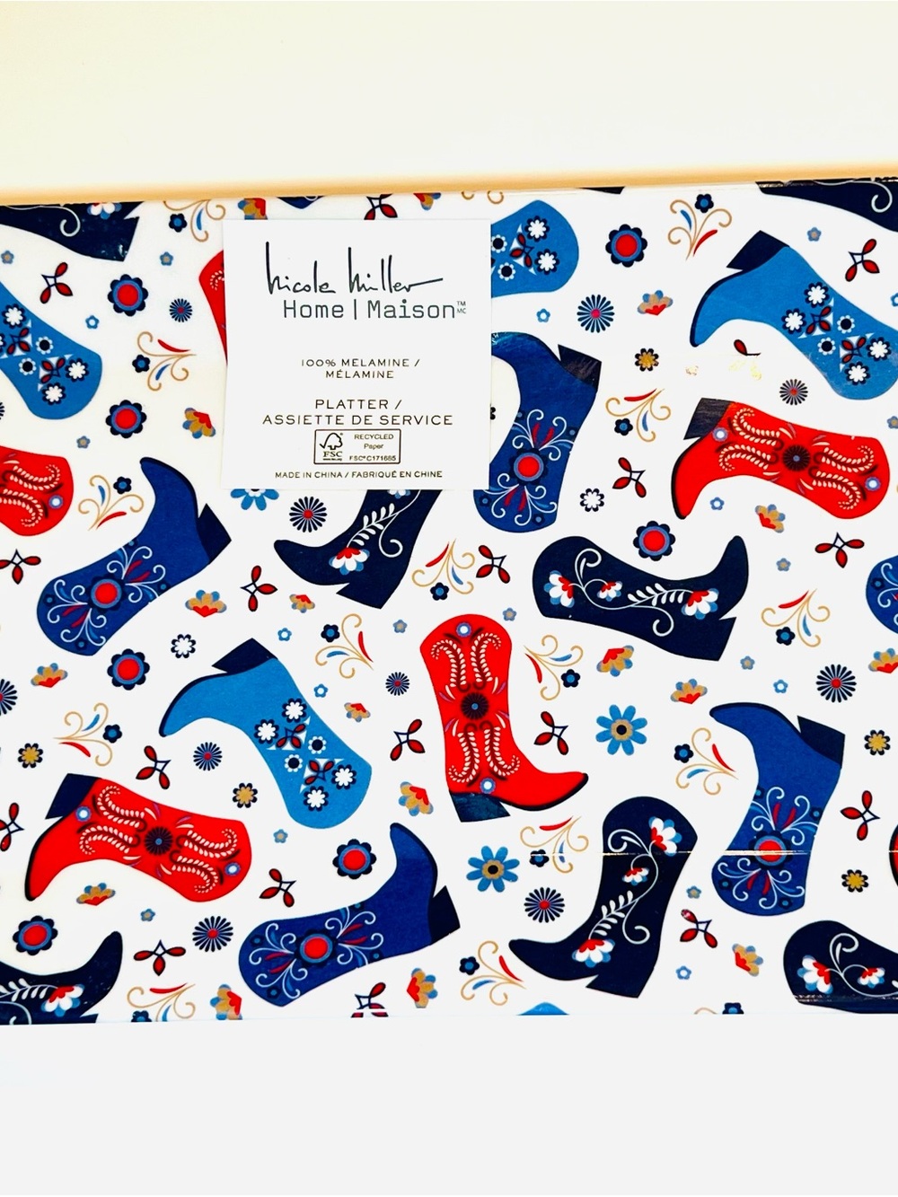 Patriotic Melamine Platter Red & Blue Western Cowgirl Cowboy Boots Americana - Picture 4 of 10